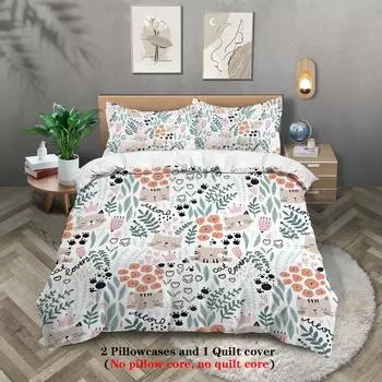 3pcs Cartoon Cute Cat and Plants Pattern Printed Bedding Set, 1*duvet Cover+2*pillowcase, Suitable for Girls Bedroom, Queen Bed 140x210cm-AU-Single