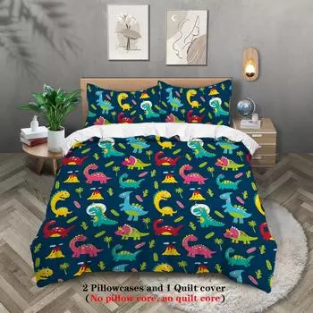 3pcs Cartoon Dinosaur Pattern Print Duvet Cover Set, Soft, Comfortable and Breathable Bedding Set, for Bedroom, Guestroom, Hotel 135x200cm-EU-Single