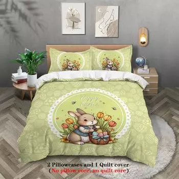 3pcs Cartoon Happy Easter Pattern Print Duvet Cover Set, Soft,Comfortable and Breathable Bedding Set,for Bedroom,Guestroom,Hotel 135x200cm-EU-Single