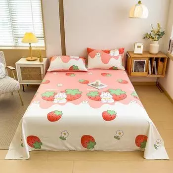 3Pcs Cartoon Strawberry Rabbit Cotton Bed Sheet Set Kawaii Style Bedroom Decor Flat Sheet High Quality Thickened Bedding Set 160x230cm 3Pcs