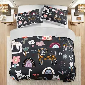 Комплект постельного белья с принтом кошек и цветов - Включает 1 пододеяльник и 2 наволочки, дышащий полиэстер, машинная стирка - Идеально Set&Eu Twin 135x200cm