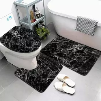 3pcs Chic Marble Pattern Bathroom Mat Set - Soft Flannel, Fade-Resistant Toilet Lid Cover & U-Shaped Foot Mats, Bathroom Decor and Accessories 3pcs
