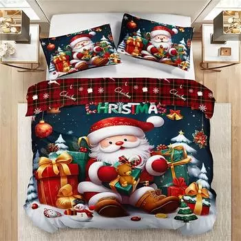 3pcs Christmas Bedding Set - Santa & Snowman Print Duvet Cover and Pillowcases, Breathable Polyester, Machine Washable - Perfect EU Single 135x200cm