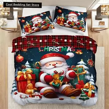 3pcs Christmas Bedding Set - Santa Snowman Print Duvet Cover and Pillowcases, Breathable Polyester, Machine Washable - Perfect EU single(135x200cm)