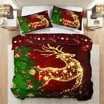 3pcs Christmas Bedding Set - Soft & Breathable Polyester, Includes 1 Duvet Cover and 2 Pillowcases with Festive Golden Star EU Single 135x200cm