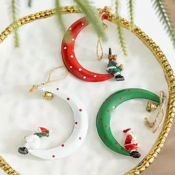 3pcs Christmas Iron Bell Ornaments with Resin Santa and Reindeer Tree Decorations