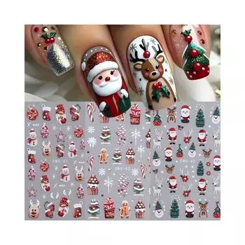 3 шт. Рождественские наклейки для дизайна ногтей - праздничный Санта, снеговик со сверкающими снежинками и деревьями - Легко наносимые самоклеящиеся наклейки для Рождества MC-SWO-42+43+47-3