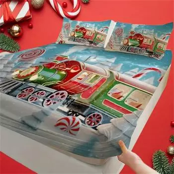 3Pcs Christmas Train & Snow Scene Bedding Set - Soft, Breathable Fitted Sheet And Pillowcases For All Seasons, Machine Washable 90x200cmx25