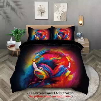 3pcs Colorful Headset Pattern Printed Bedding Set, Soft and Comfortable Duvet Cover, Suitable for Teenagers and Adult s Bedroom 135x200cm-EU-Single