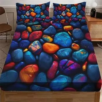 3PCS Colorful Textured Stone Pattern Bedding Set - Includes 1 Fitted Sheet and 2 Pillowcases, Breathable Polyester, All-Season 90x190x25cm 2pcs