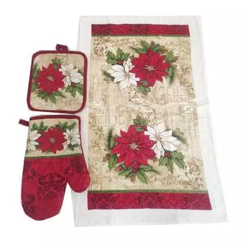 3Pcs Cotton Christmas Flower Printed Microwave Oven Glove + Insulation Pad + Kitchen Hand Towel Baking Tools Xmas Gift