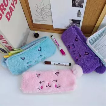 3Pcs Cute Cartoon Pencil Bag Fluffy Makeup Lipstick Bag Kawaii Plush Pen Bag School Office Supply 3Pcs