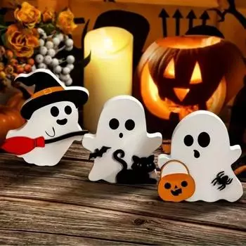 3Pcs Cute Ghost Halloween Decorations Indoor PVC Halloween Decor Table Sign Black Cat Bat Witch Broom Signs Pumpkin 3Pcs