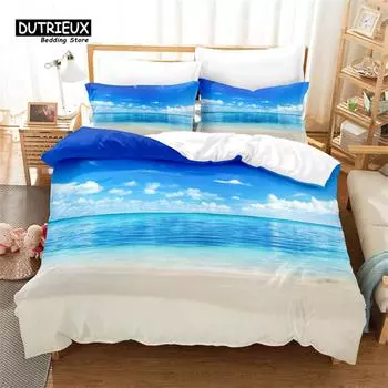 3pcs Duvet Cover Set, 3D Beach Design Bedding Set, Soft Comfortable Breathable Duvet Cover, For Bedroom Guest Room Decor 150x200cm 3pcs