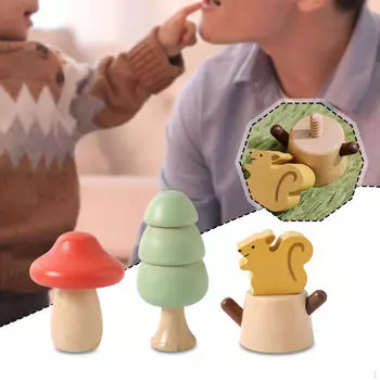 3Pcs Educational Wooden Toy Tree Squirrel Stump Shape Preschool Realistic Interactive Learning Nuts