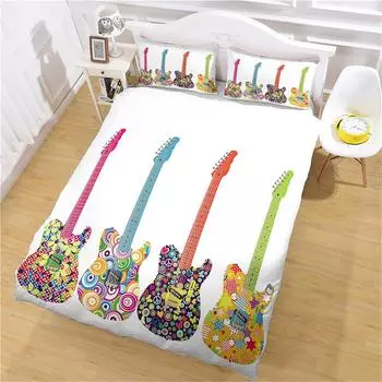 3Pcs Fashion Duvet Cover Set 3D Musical Instrument Guitar Print Bedding Set Soft Comfortable Breathable For Bedroom Decor W90xL190cm