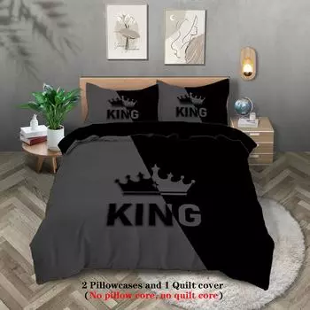 3pcs fashionable black grey KING and QUEEN design printed bedding set, soft, comfortable, breathable duvet cover, bedroom 135x200cm UK Single