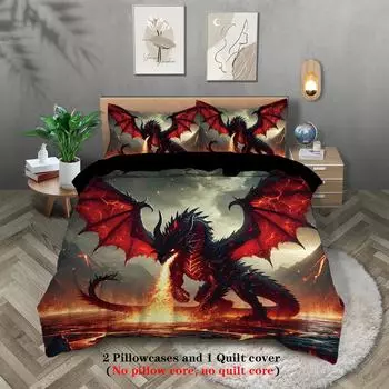 3pcs Fire-breathing dragon pattern bedding set, 1 duvet cover and 2 pillowcases, for teenagers and adults bedroom, birthday gift 135x200cm-EU-Single