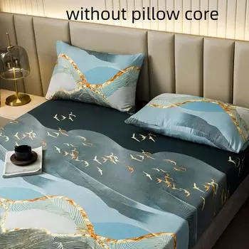 3pcs Fitted Sheet Set (Fitted Sheet*1+Pillowcase*2, No Core), Luxury Marble Flying Birds Printed Seasons Universal Bedding Set 90x200cmx25