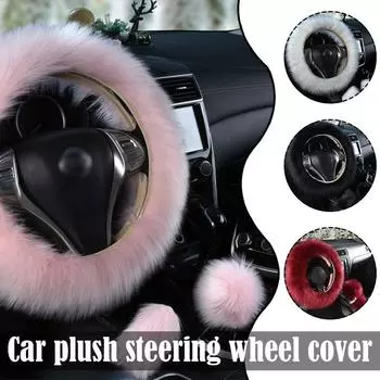 3PCS Fur Car Steering Wheel Cover Set Sheepskin Auto Plush Warm Fluffy Fuzzy Car Steering Wheel Cover Accessories For Women Girl