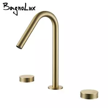 3PCS матовый золотой смеситель для раковины, смеситель для горячей и холодной воды, настольный смеситель для ванной комнаты, рифленые ручки, 3 отверстия, широкий кран