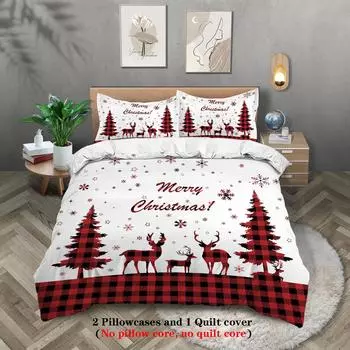 3pcs Merry Christmas themed pattern bedding set, Christmas tree, for teenagers and adult s bedroom, a Christmas gift 135x200cm-EU-Single