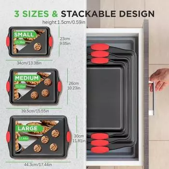 3pcs Nonstick Baking Pan Set Black Carbon Steel with Premium Coating Cookie Pans Bakeware Set with Red Silicone Handles