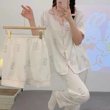 Комплект пижам из 3 предметов, женская летняя милая пижама с кроликом, мягкая, удобная, с искусственными пятнами, домашняя одежда, нежная, девичья, уютная, домашняя одежда M