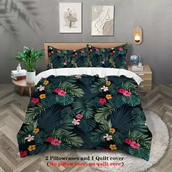 3pcs palm leaves pattern printed bedding set, suitable for teenagers and adult s bedroom, camping, 1*duvet cover+2*pillowcase 135x200cm-EU-Single