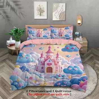3pcs Pink Castle in The Sky Pattern Print Duvet Cover Set, Soft,comfortable and Breathable,for Bedroom,Hotel,Best Gift for Girls 135x200cm-EU-Single