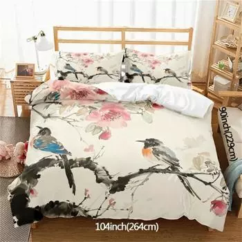 3pcs Polyester Duvet Cover Set (1*Duvet Cover + 2*Pillowcase, Without Core), Chinese Style Ink Painting Floral Bird Printed All EU Single 135x200cm