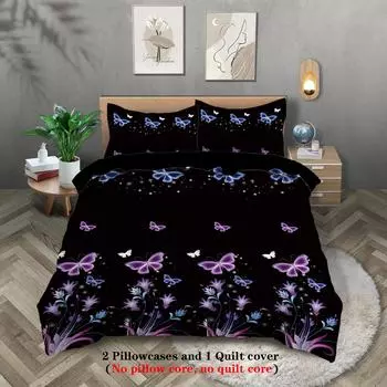 3pcs purple butterfly pattern printed bedding set, suitable for women bedroom, queen, king, twin bed, 1*duvet cover+2*pillowcase 135x200cm-EU-Single