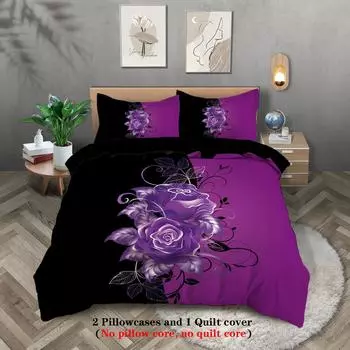 3pcs Purple rose pattern printed bedding set,1 duvet cover+2 pillowcase, queen bed, suitable for women and adults bedroom 135x200cm-EU-Single