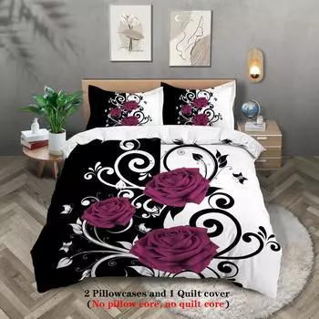 3pcs purple rose pattern printed bedding set, 1*duvet cover+2*pillowcase, suitable for girls and women bedroom, birthday gift 135x200cm-EU-Single