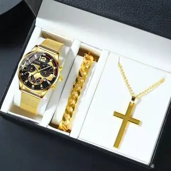 3pcs/set 1pc Fashion Men s Calendar Business Stainless Steel Mesh Belt Quartz Wrist Watch & Bracelet Necklace Set