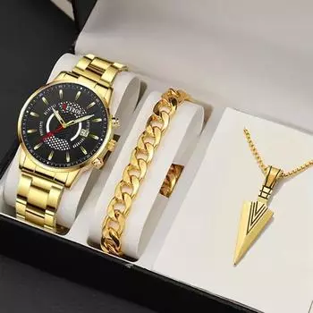 3 шт./набор 1 шт. Модные мужские повседневные кварцевые часы и 1 шт. Браслет и 1 шт. Ожерелье, лучшие подарки для него