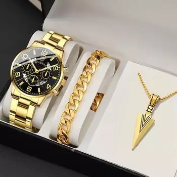 3pcs/set, 1pc Fashion Men s Casual Round Pointer Stainless Steel Quartz Watch & 1pc Bracelet & 1pc Necklace