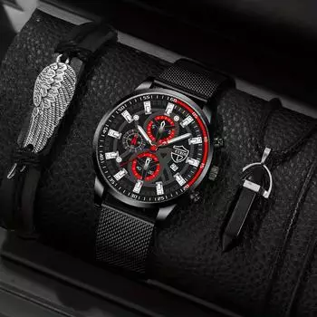 3pcs/set, 1pc Fashion Men s Luxury Business Stainless Steel Mesh Band Quartz Watch & 1pc Bracelet & 1pc Necklace with