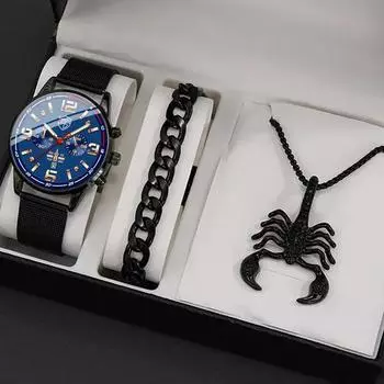 3pcs/set, 1pc Men s Fashion Casual Round Pointer Stainless Steel Quartz Watch & 1pc Bracelet & 1pc Necklace, Best Gifts for Him