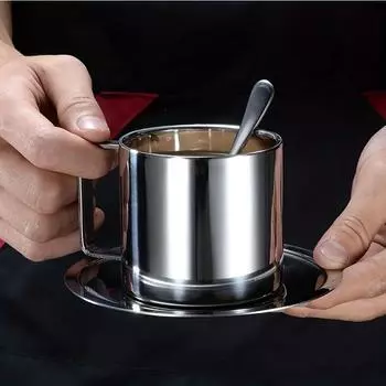 3pcs Set 304 Stainless Steel Coffee Cup With Plate and Spoon Coffee Cup Set Double-layer Heat Insulation Multi-purpose Milk Cup 280ml серебряный