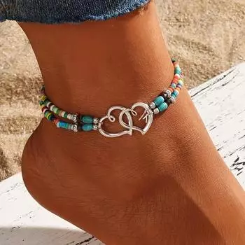 3PCS/Set Anklet Set Women Anklets Beaded Double Love Heart Chic Anklets Fashion Adjustable Multicolor Boho Elastic Delicate Hollow Handmade