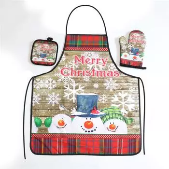 3Pcs/set Christmas Printed Kitchen Oil-proof Apron Oven Glove Baking Heat Insulation Table Mat Xmas Party Decoration