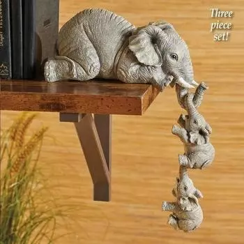 3pcs/set Cute Elephant Figurines Elephant Holding Baby Elephant Hanging Off The Edge of A Shelf or Table Resin Crafts светло-серый