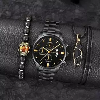 3 шт./комплект модные мужские деловые кварцевые часы из нержавеющей стали, браслет и ожерелье, мужские подарки