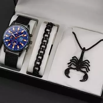 3pcs/set Fashion Men s Business Stainless Steel Mesh Band Quartz Watch & Bracelet Neckalce Set