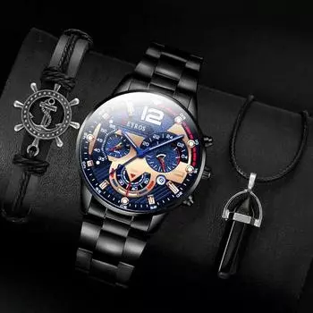 3pcs/set, Fashion Men s Casual Watch Stainless Steel Strap Quartz Wristwatch & Bracelet Necklace Set, Best Gifts for Him