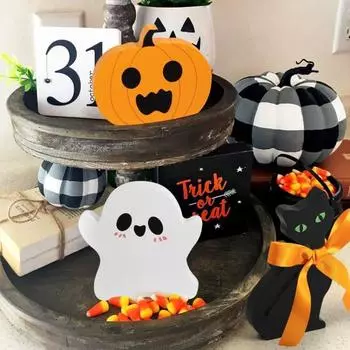 3Pcs/Set Halloween Ghost Table Sign Rustic Spooky Ghost Black Cat Pumpkin Tiered