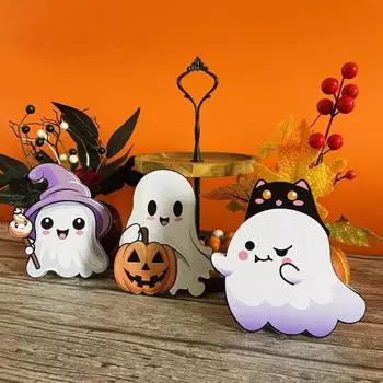3Pcs/Set Halloween Ghost Table Sign Spooky Rustic Wooden Cartoon Ghost Tiered Tray Decoration Desktop Mini