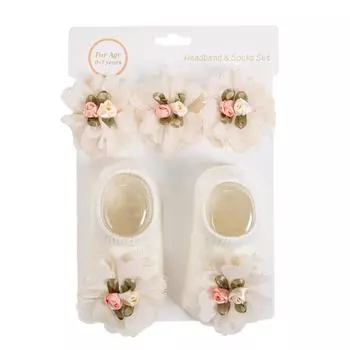 3Pcs/Set Ins Cream Chiffon Flower Headbands with Cotton Socks for Baby Girls Boutique Flower Anti-Slip Short Cotton 0-12M Sock 0-12M