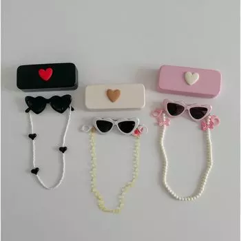 3Pcs/Set Kids Love Shape Glasses with Eyeglass Chain Glasses Box Kawaii Cat Eye Sunglasses Children Eyewear Sunscreen Eyeglasses чёрный